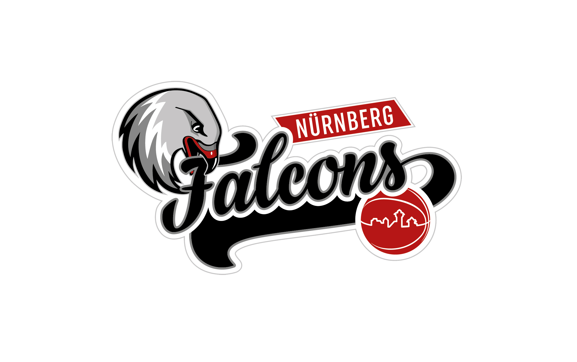 Ein Logo von den Nürnberg Falcons mit einem Vogelkopf und einem Basketball.