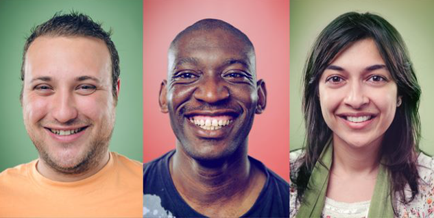 Drei Fotos von lächelnden Menschen in einer Collage.