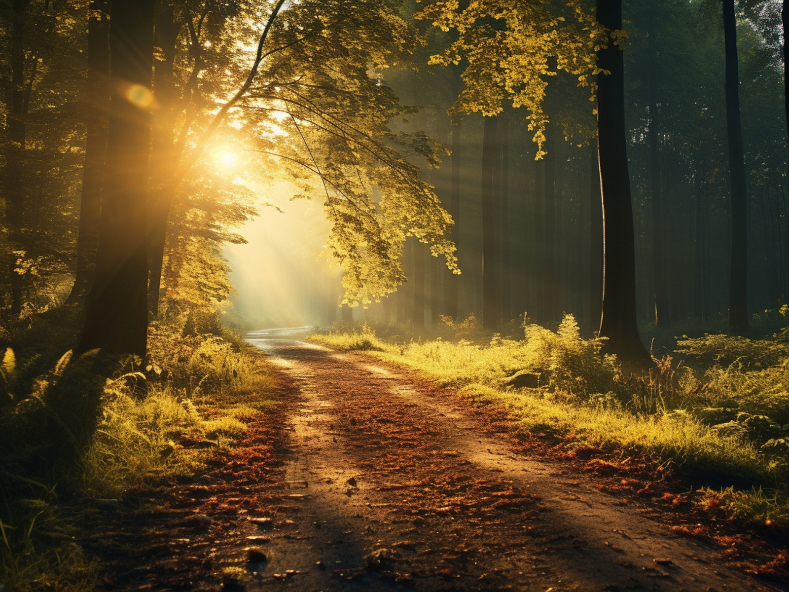 Foto eines Waldweges, der von der Sonne erhellt wird
