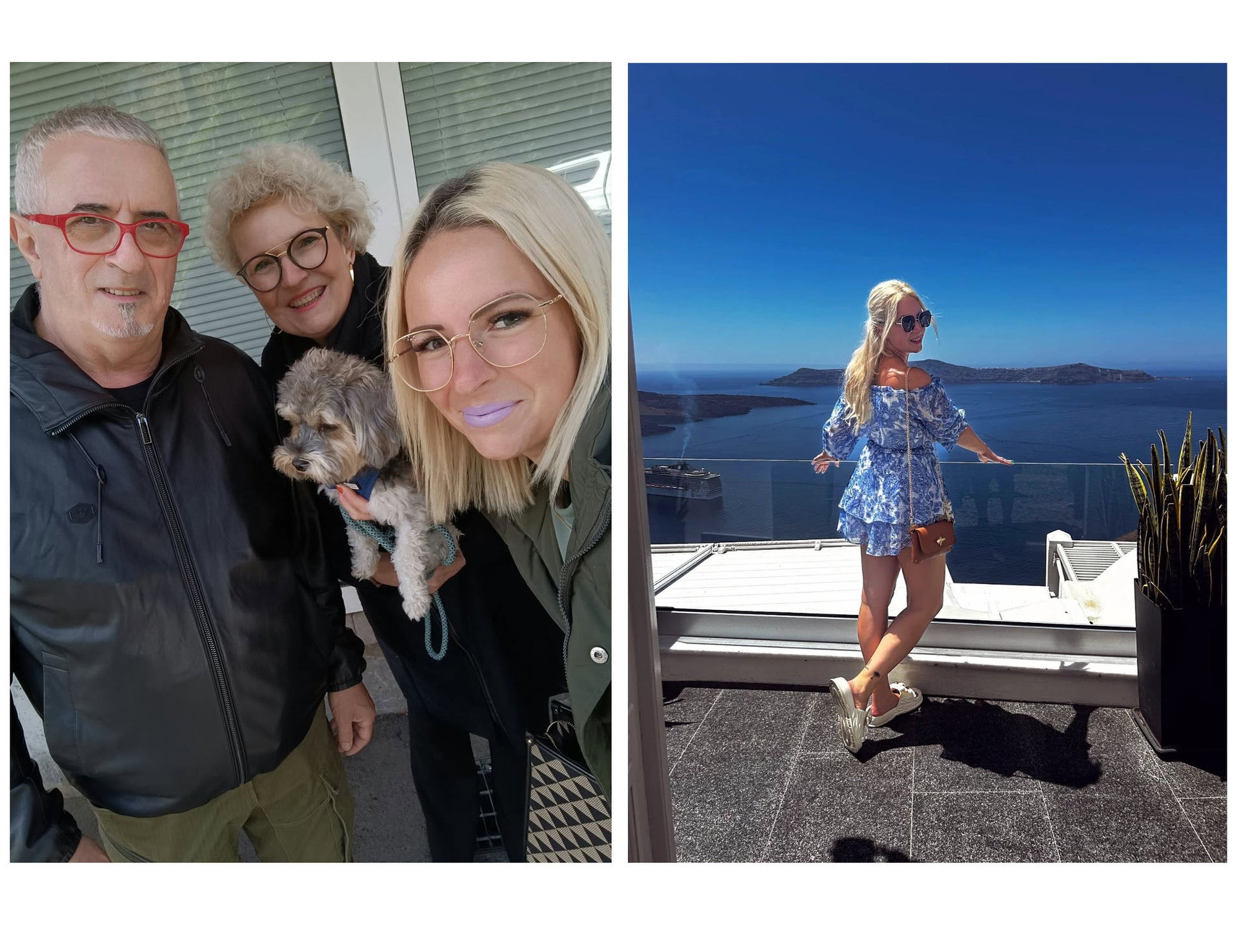 Links ist Elisa mit Familie und Hund zu sehen und rechts steht sie auf einem Balkon mit Meerblick. 