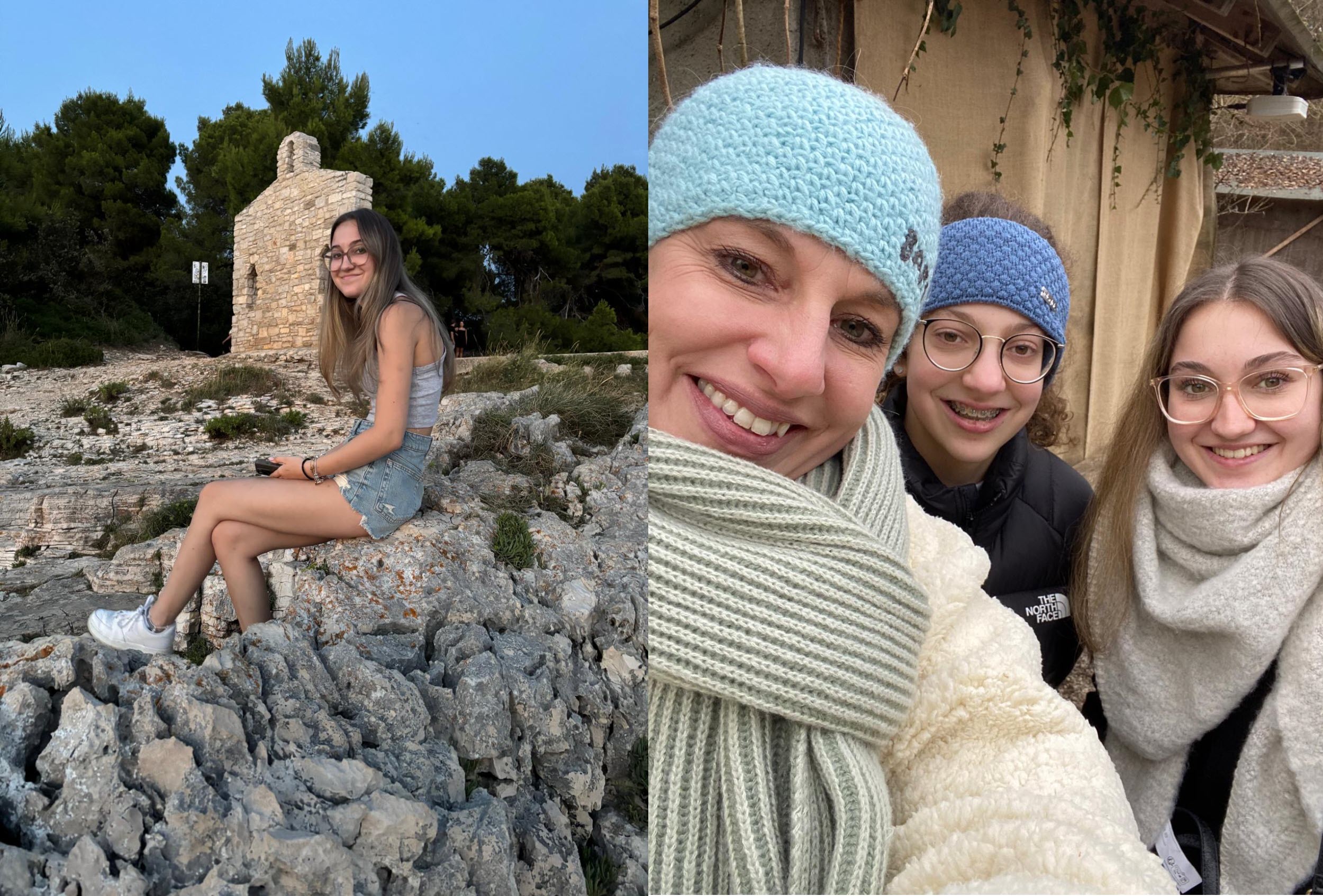 Eine Collage mit Zwei Bildern. Links sitzt eine Frau auf Felsen und rechts eine Gruppe Frauen die ein Selfie machen.