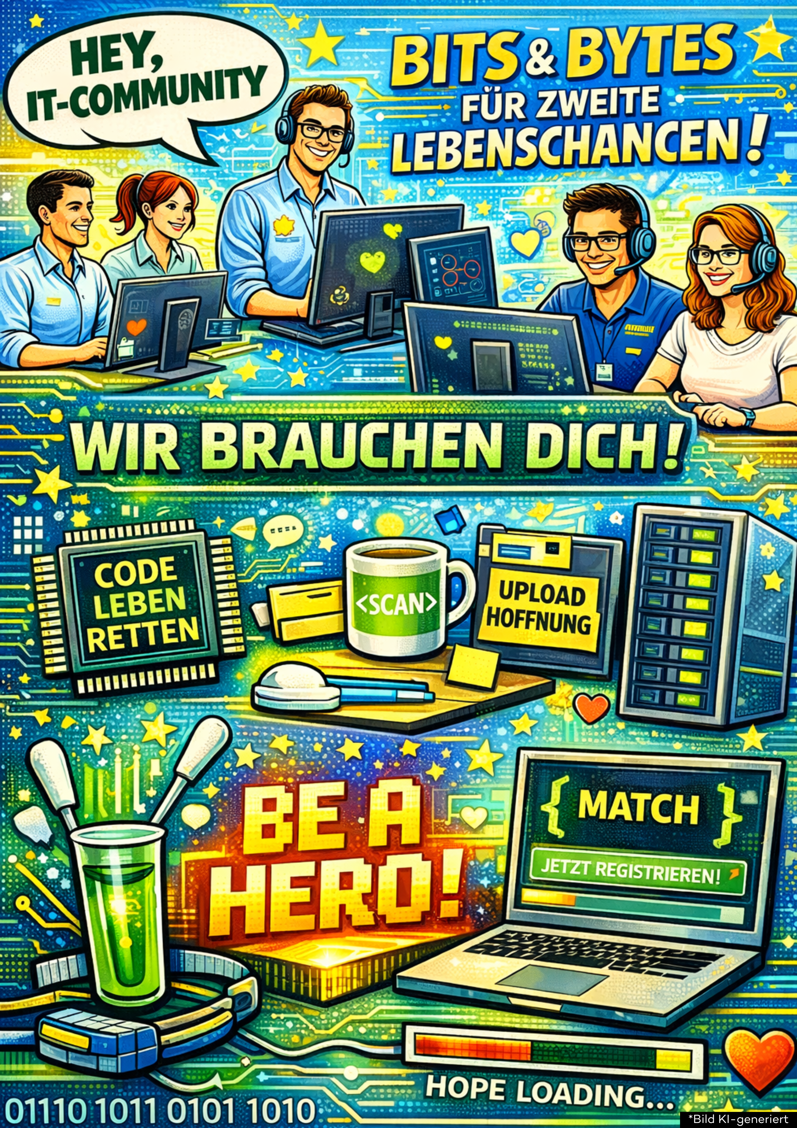 KI-generiertes Bild mit Menschen, die am PC sitzen und weiteren Endgeräten in bunten Farben