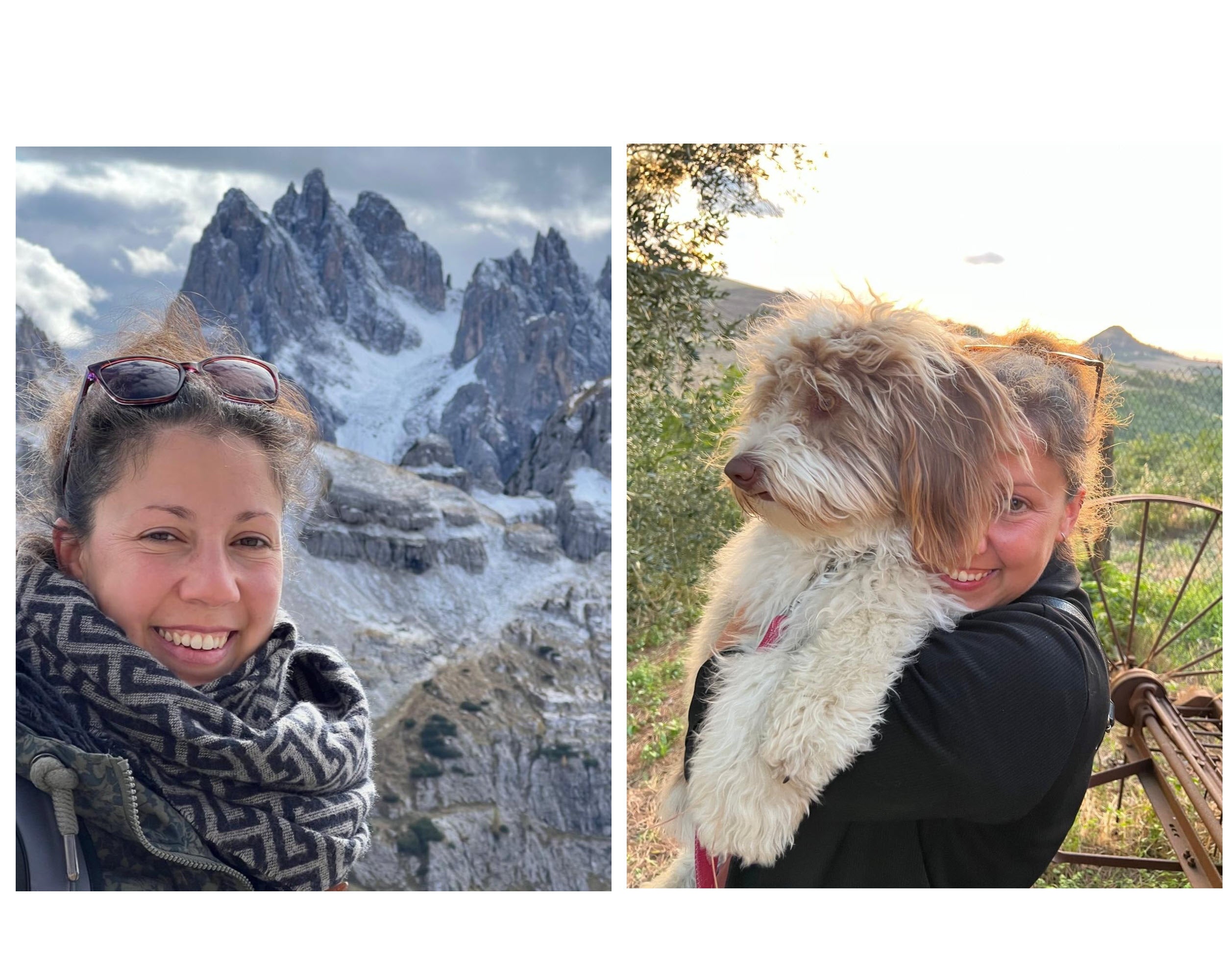 Patientin Orelie, links in den Bergen und rechts mit Hund auf dem Arm