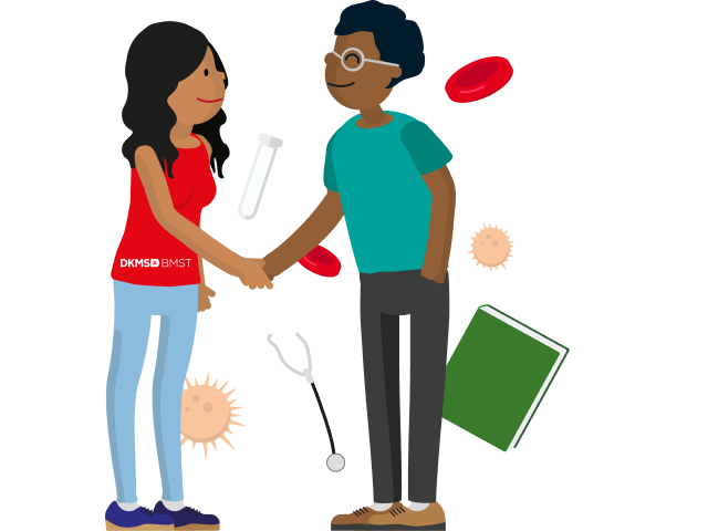Illustration einer Frau und eines Mannes, die sich die Hand geben. Um sie herum schweben medizinische und biologische Symbole wie Blutzellen, ein Stethoskop, eine Spritze, Viren und ein Buch. Die Frau trägt ein Shirt mit der Aufschrift DKMS.