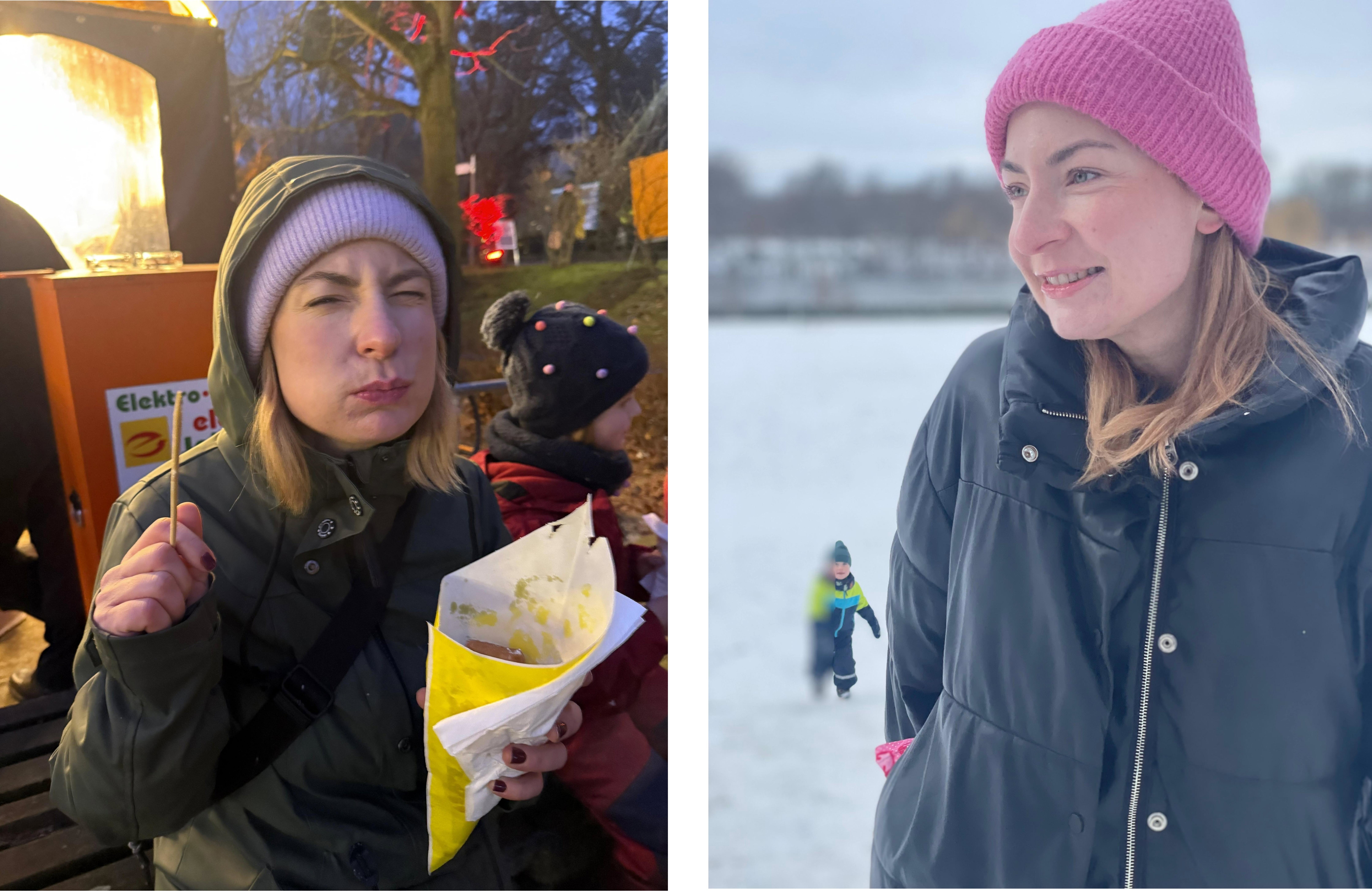 Links sieht man Franzi auf dem Weihnachtsmarkt Pommes essen und rechts spielt sie mit ihren Kindern im Schnee. 