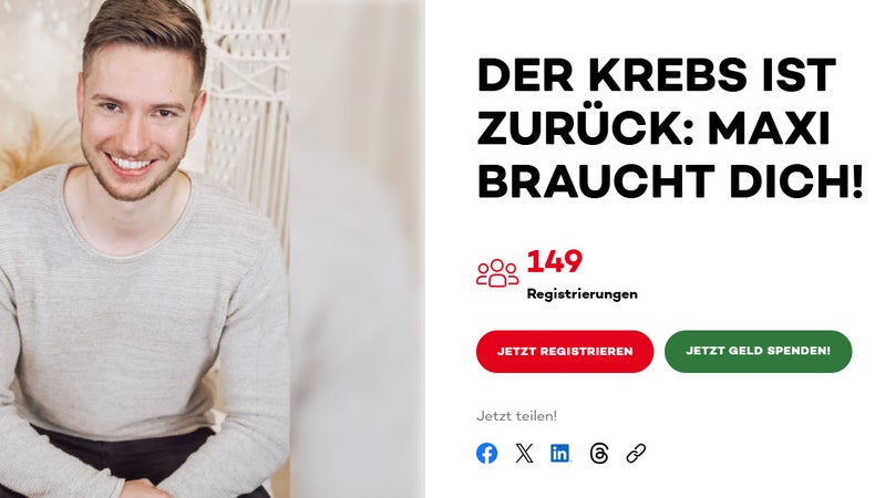 Ein Mann sitzt auf einem Stuhl, daneben ist ein Registrierungsaufruf zu sehen