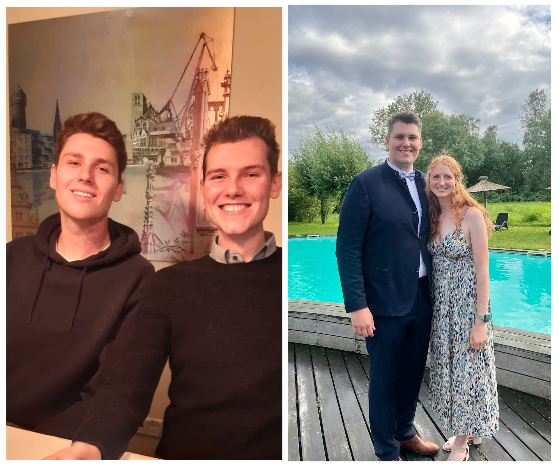 Links ist Patient Moritz mit einem anderen Jungen Menschen zu sehen, beide lachen. Rechts ist Patient Moritz mit einer Freundin vor einem Pool zu sehen