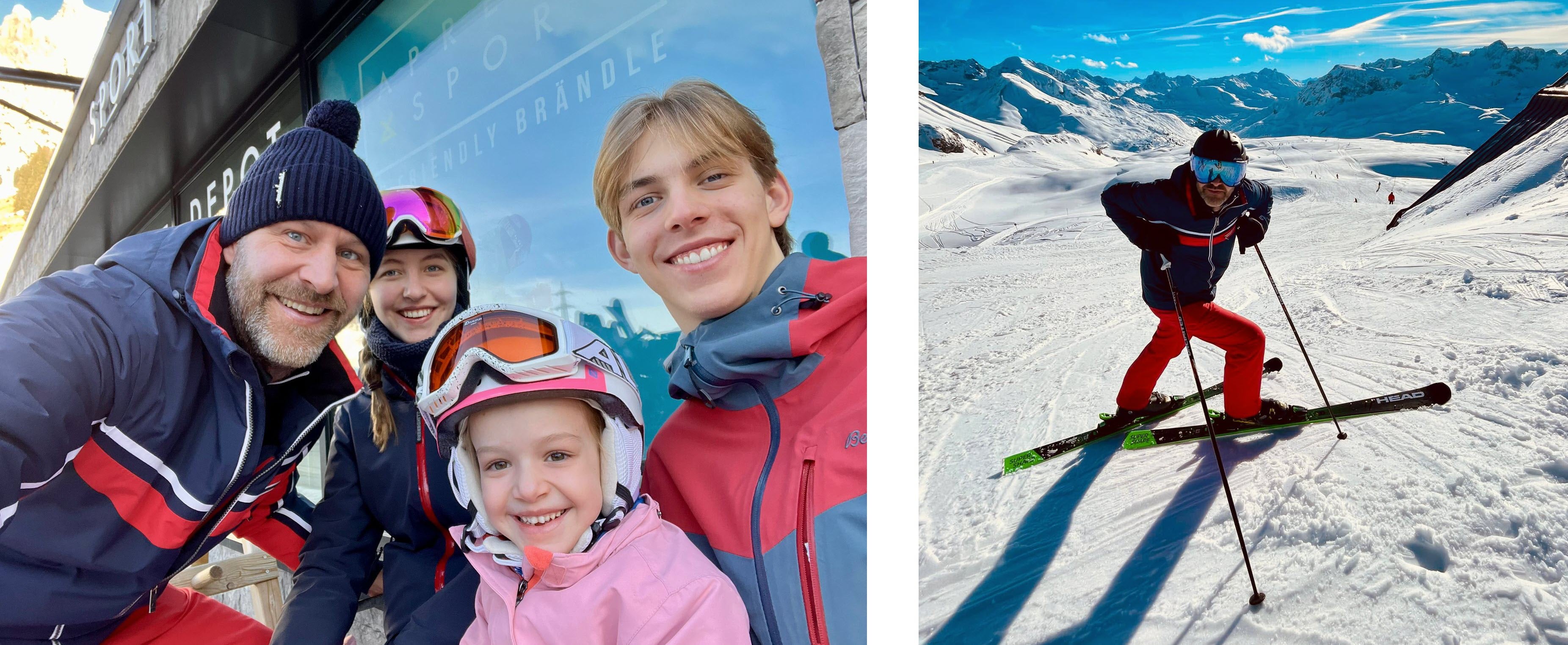 Collage bestehend aus zwei Fotos. Links: Stephan mit seiner Familie im Ski-Urlaub. Rechts: Stephan auf der Skipiste. 