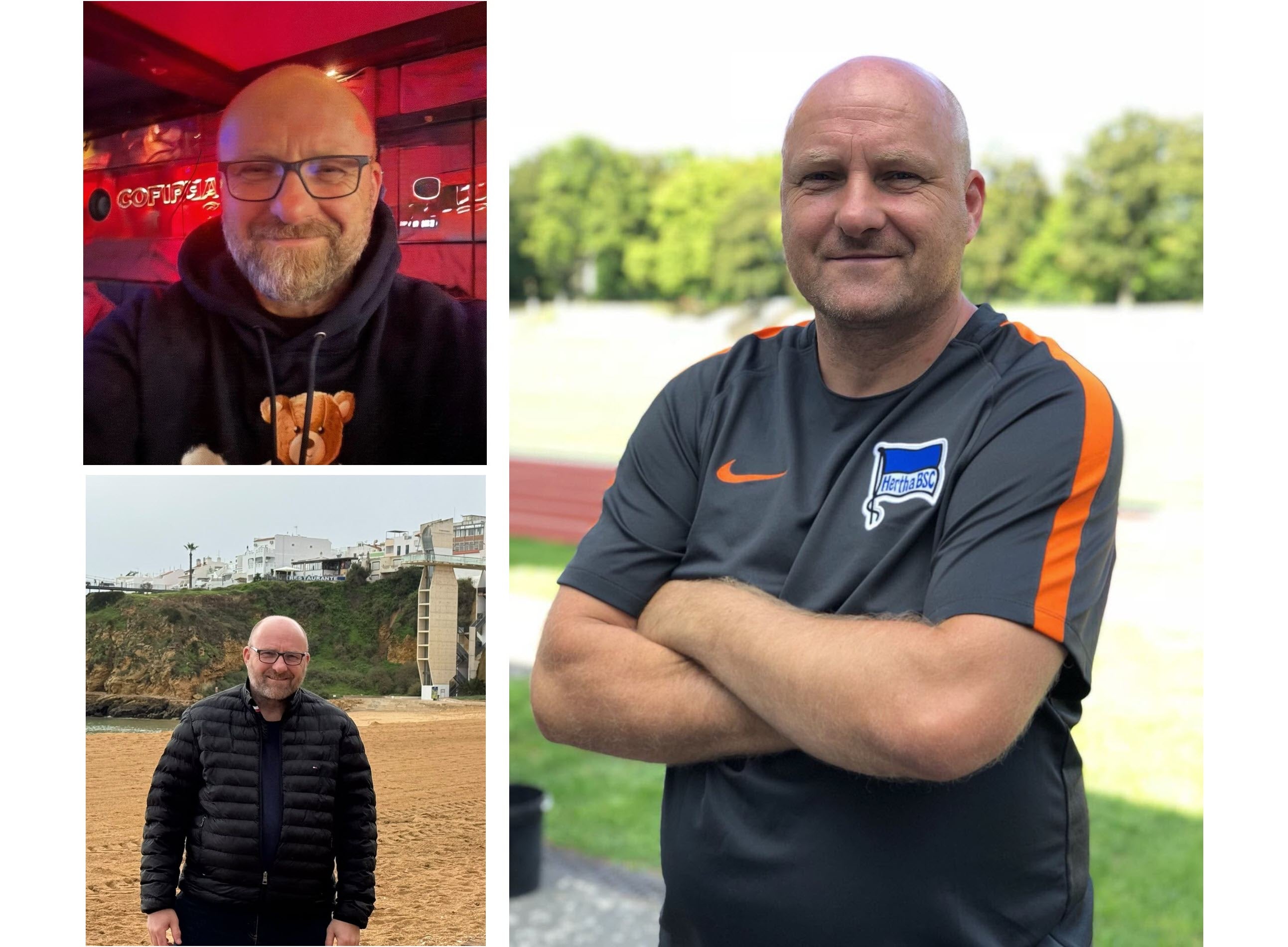 Eine Collage. Bild oben links: Selfie von Armin. Bild unten: links Armin am Strand. Bild rechts: Armin im Hertha Trikot.
