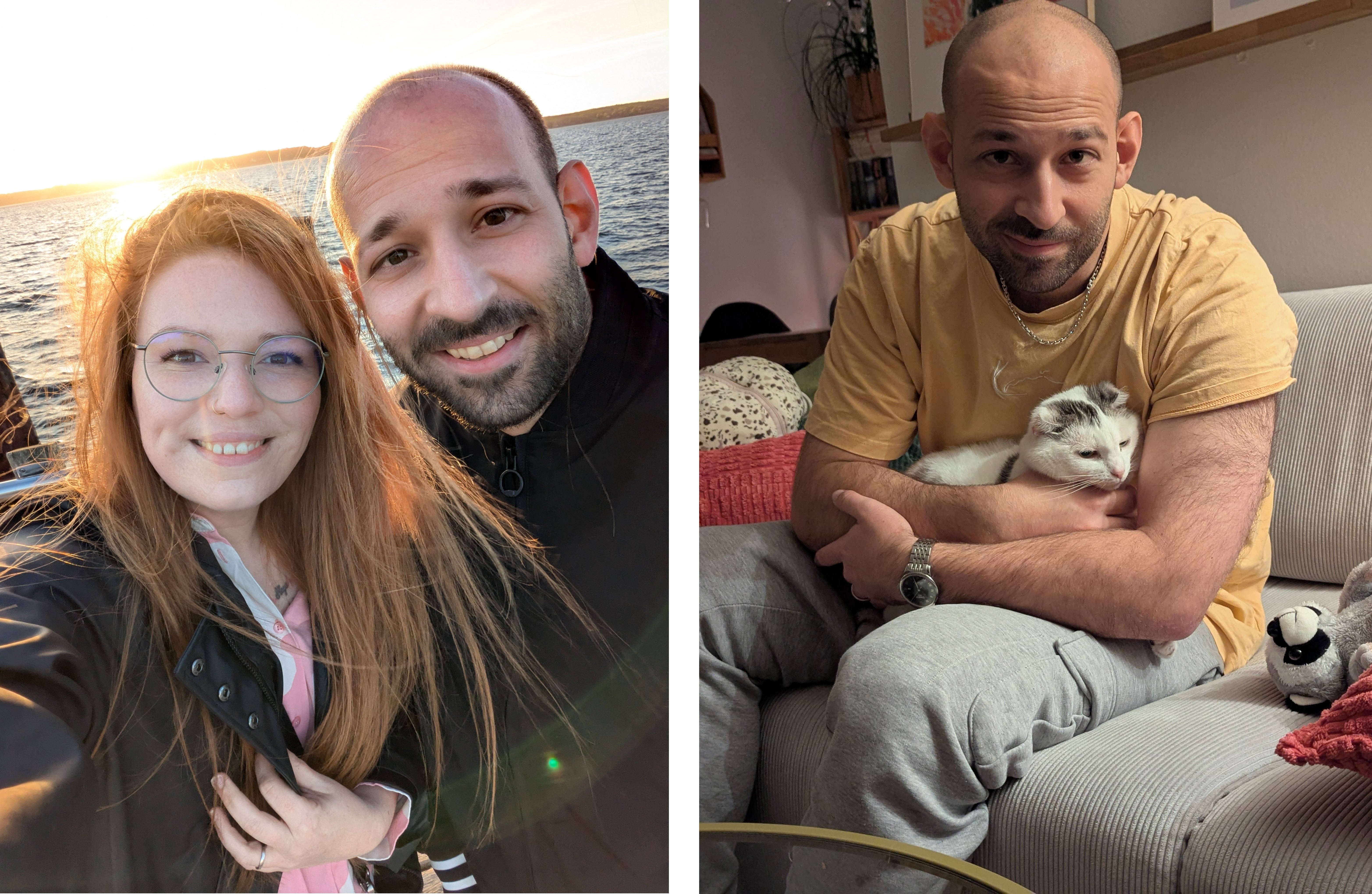 Links sehen wir Stefan mit einer Frau und rechts sehen wir Stefan mit seiner Katze. 