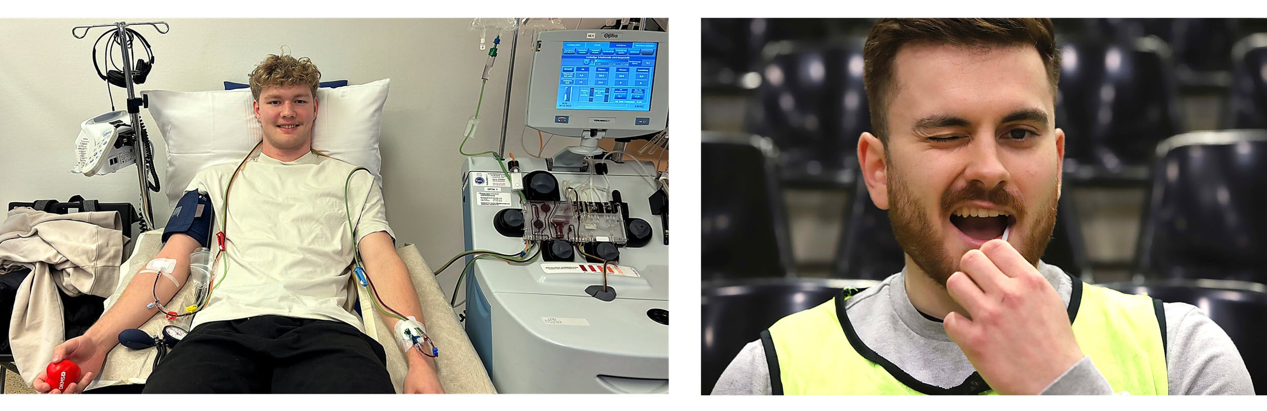 Eine Collage aus zwei Bildern. Links ein Mann bei der Stammzellspende und rechts ein Mann beim Wagenschleimhautabstrich der Registrierung.