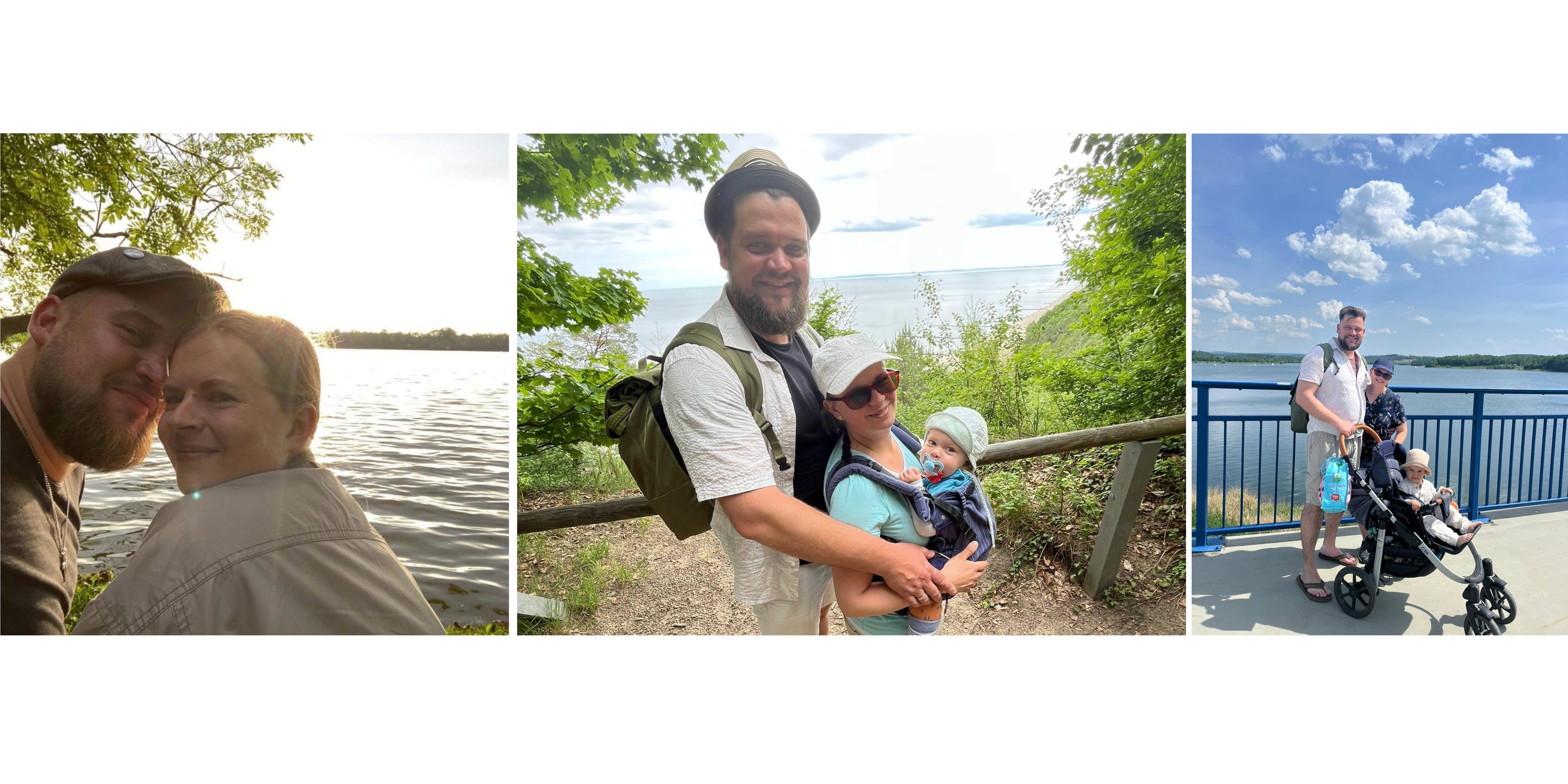 Zu sehen sind drei Fotos aus dem gemeinsamen Familienurlaub von Max, seiner Frau und ihrem kleinen Sohn. 