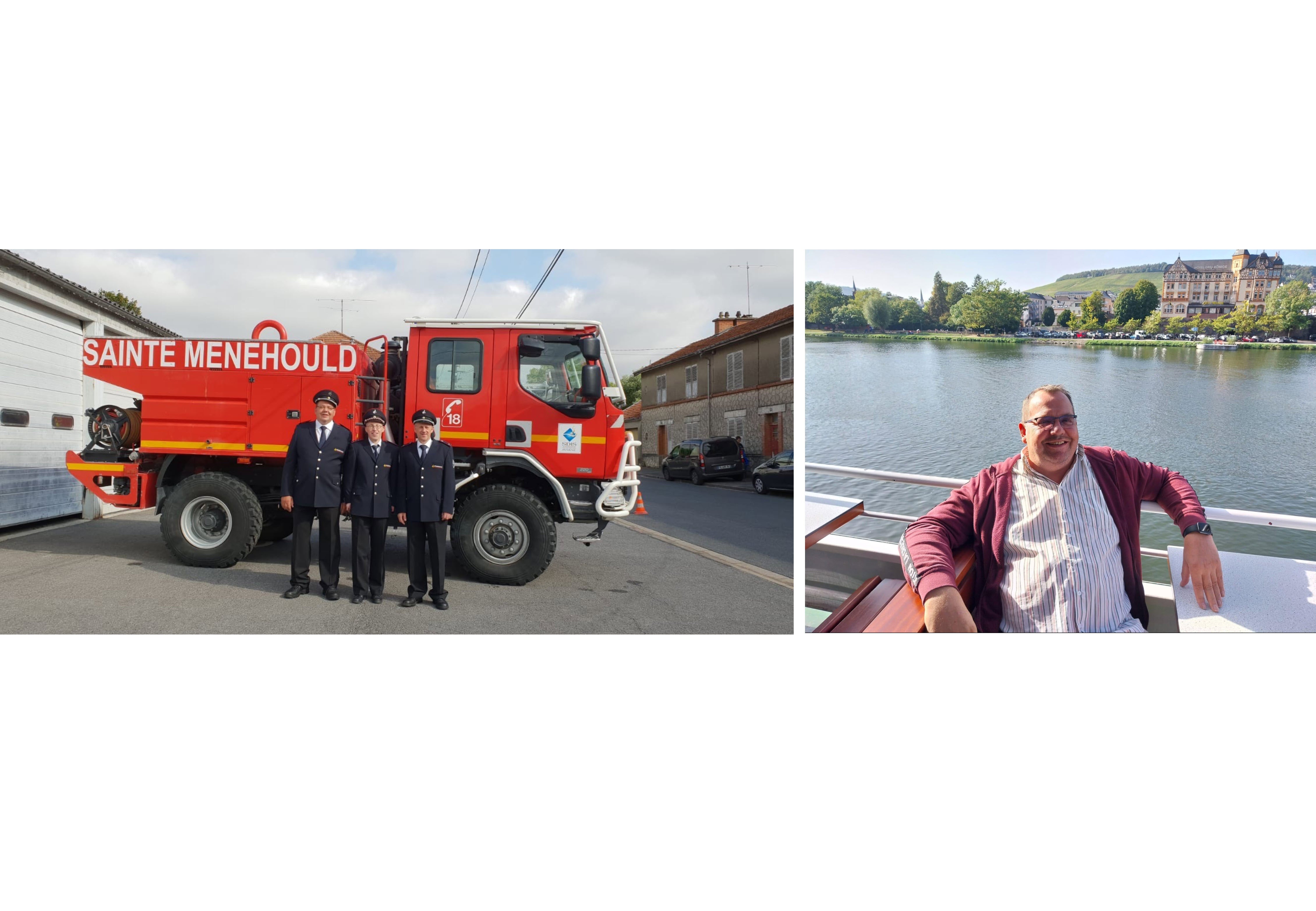 Links zu sehen ist Klaus als Feuerwehrmann in seiner Uniform und rechts privat auf einer Fähre. 