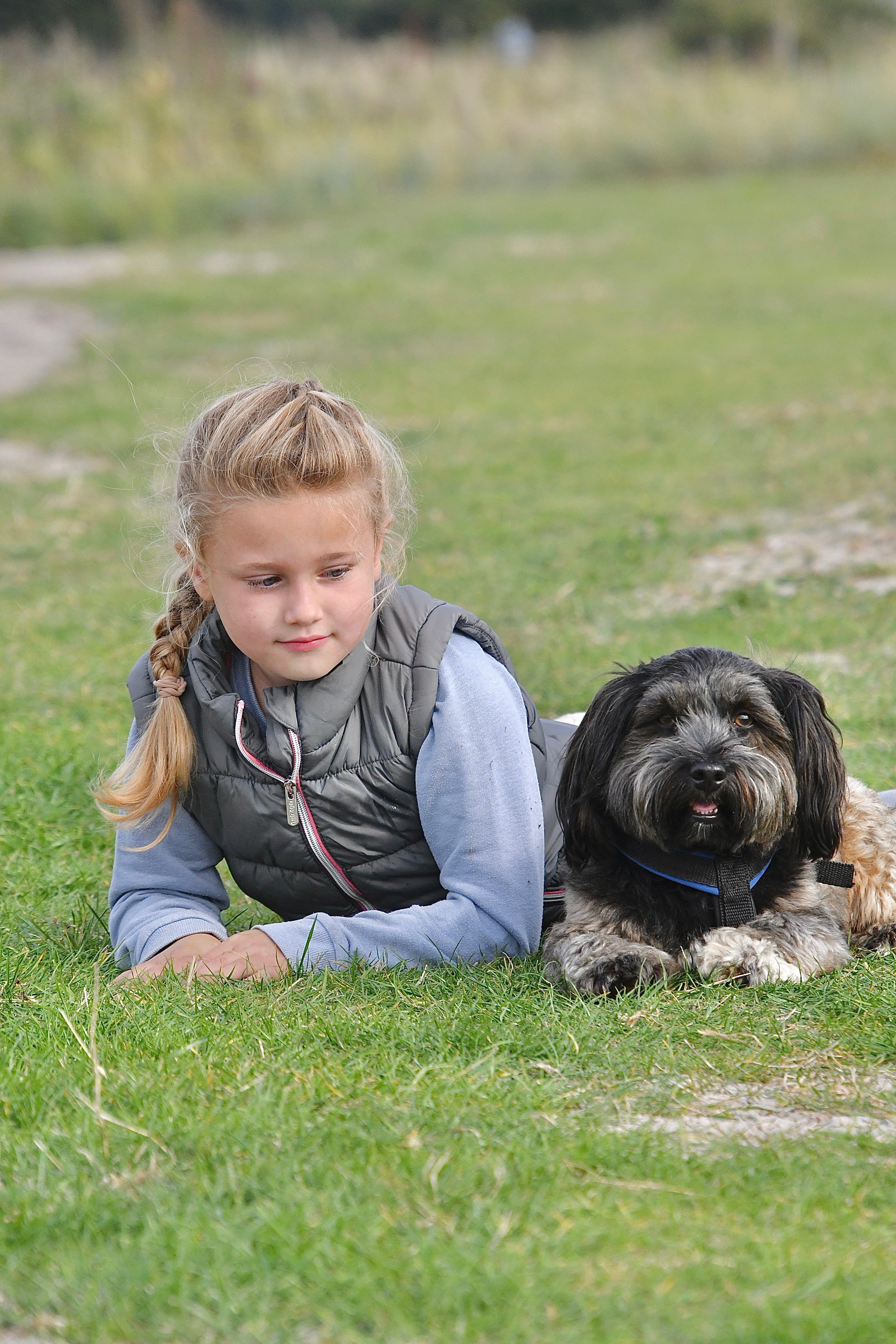 Ein Mädchen liegt im Gras neben einem Hund