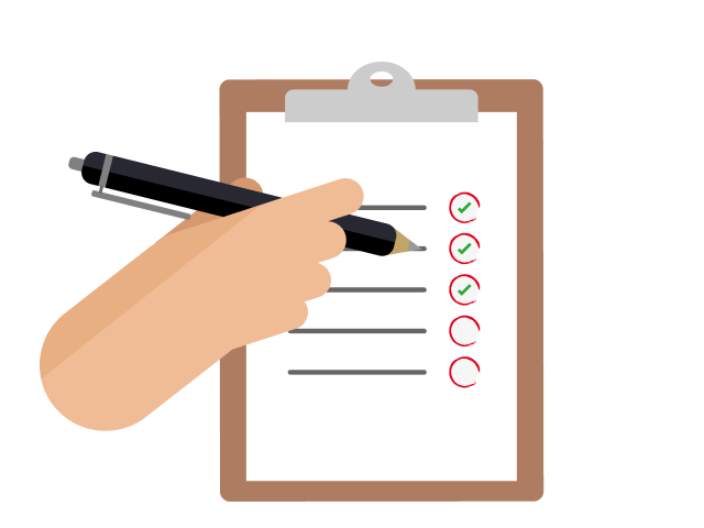 Eine Hand hält einen Stift und ein Klemmbrett