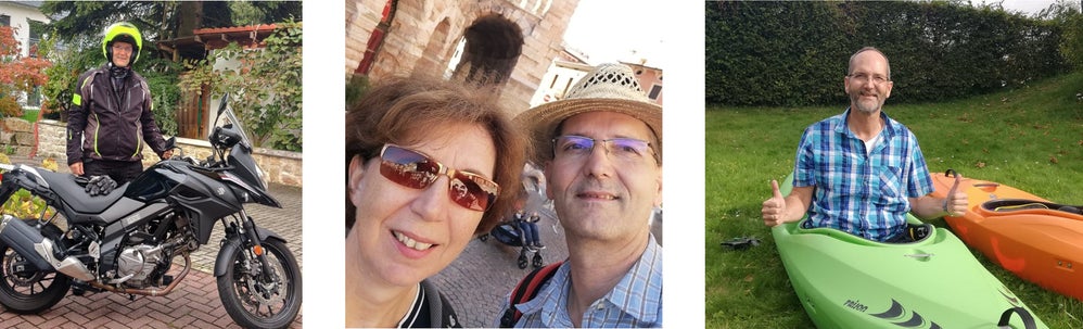 Collage bestehend aus 3 Bildern. Links Robert hinter seinem Motorrad. In der Mitte ein Selfie von Robert und seiner Frau. Rechts Robert im Paddel Boot.