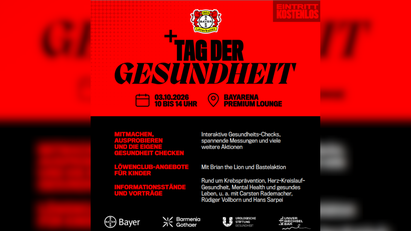 Rot-schwarzer Flyer mit Informationen zum Tag der Gesundheit bei Beyer Leverkusen