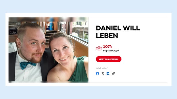 Ein Bild von einem Mann und einer Frau in festlicher Kleidung. Daneben der Aufruf: "Daniel will Leben"