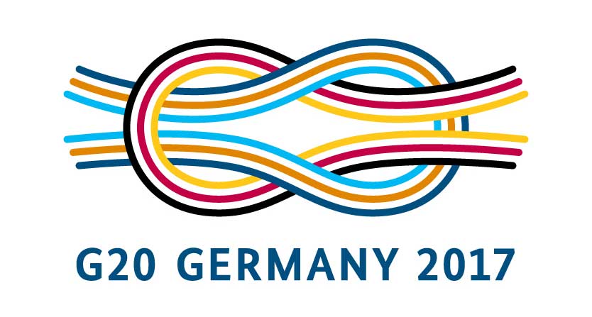 Ein Logo mit bunten Linien. Darunter der Text G20 Germany 2017.