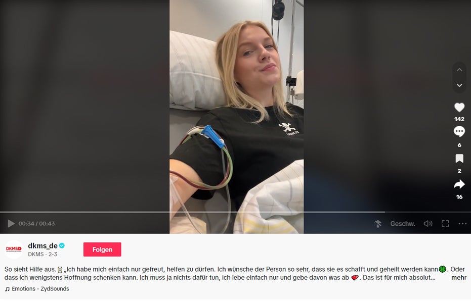 Screenshot von einem TikTok Video, es zeigt eine Frau während einer Stammzellspende