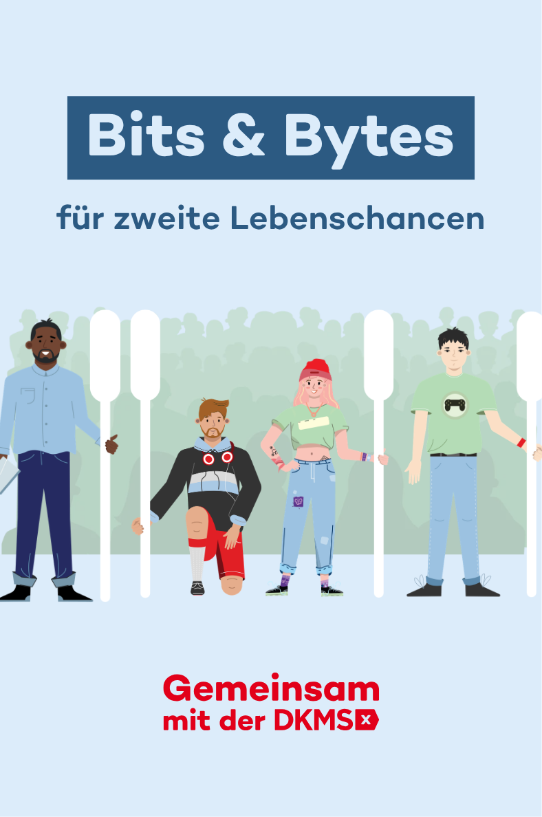 Firmenlogo mit DKMS Logo, Menschen halten Wattestäbchen