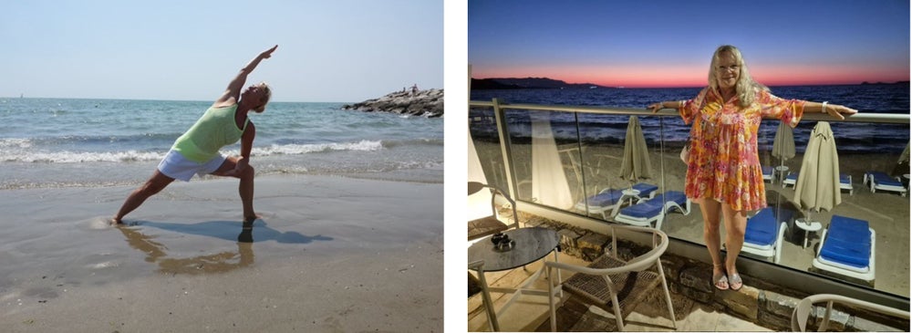 Bild links: Jeanette macht Yoga am Strand, Bild rechts: Jeanette lehnt an der Reling eines Schiffes, hinter ihr das Meer