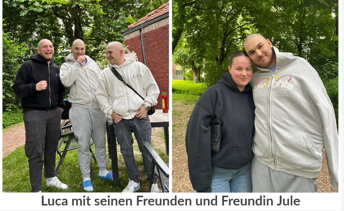 Auf dem Bild ist Patient Luca mit Freundin Jule und Freunden abgebildet
