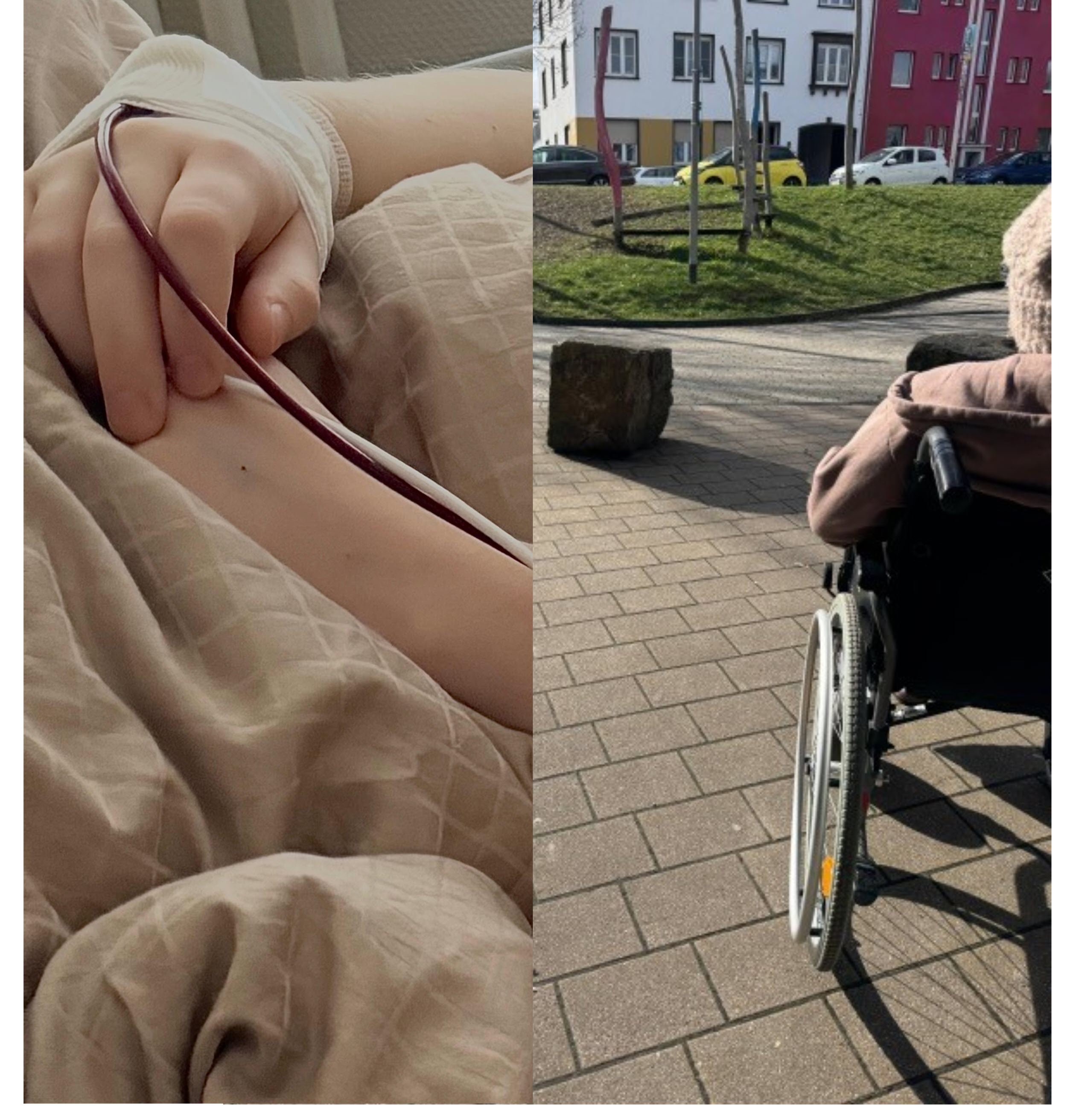 Eine Collage bestehend aus zwei Bildern. Links ein Bild von einer Hand mit einem Zugang und rechts eine Person in einem Rollstuhl.