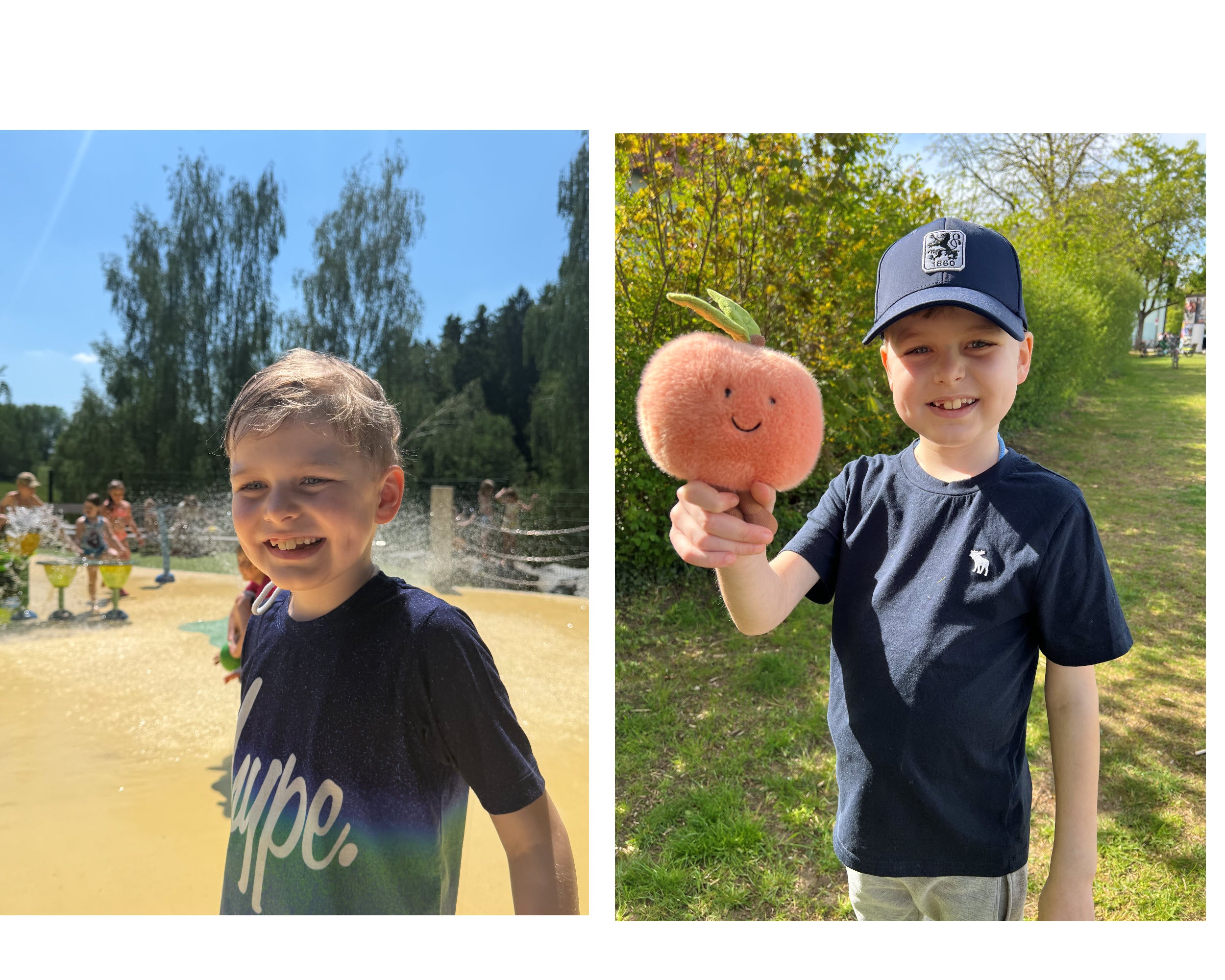 Patient Jakob, links auf dem Wasserspielplatz und rechts mit einem Plüschtier in der Hand 
