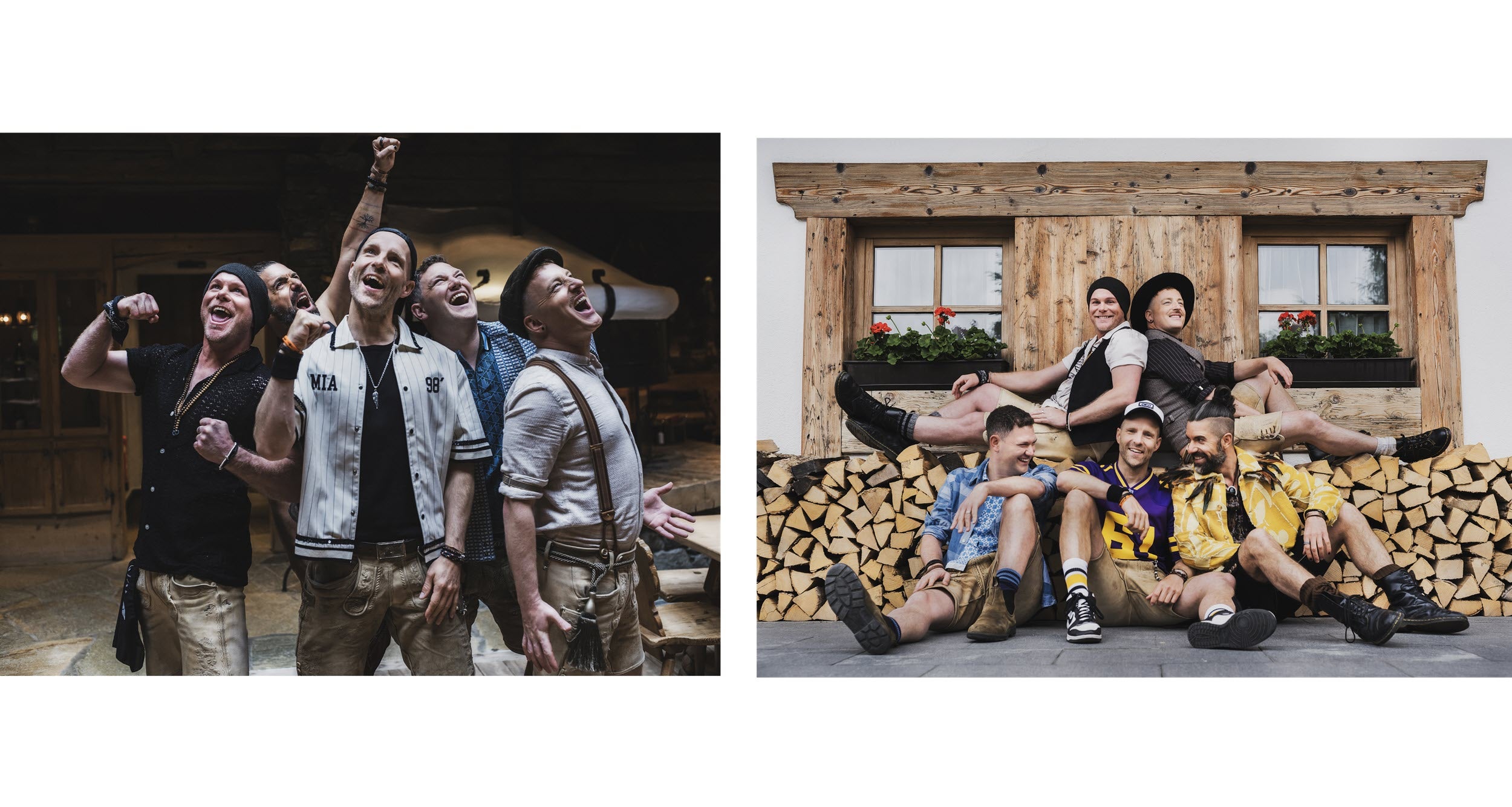 Eine Collage bestehend aus zwei Gruppenbildern der Band. Rechts die Bandmitglieder in einem Studio-Setting und links vor einer Hütte.