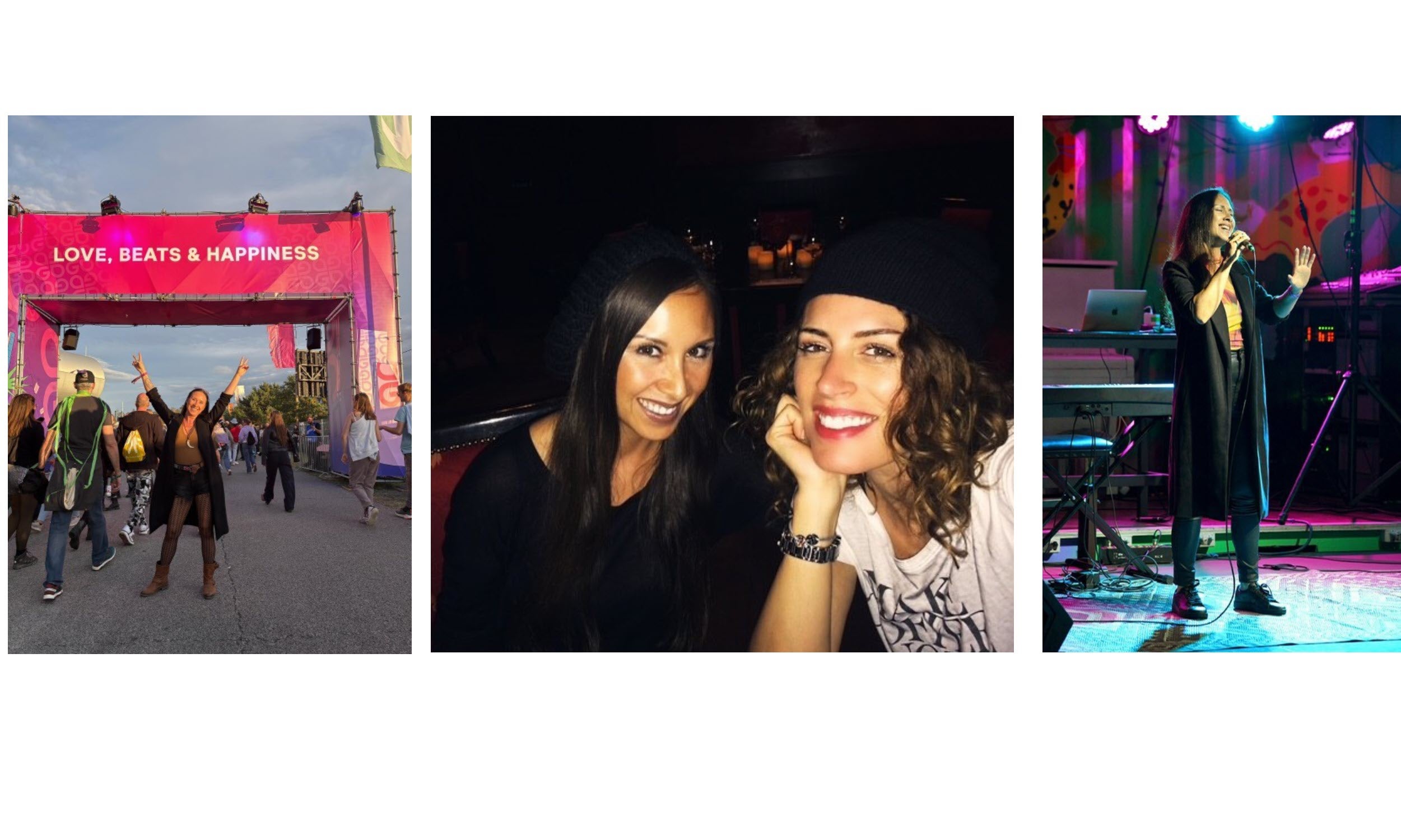 Eine Collage von Patientin Daniela, links auf einem Festival, mitte mit einer Freundin und rechts auf einer Bühne mit einem Mikro in der Hand 