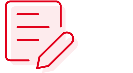 Symbol eines rotes Dokument mit einen schräg davor liegenden Stift