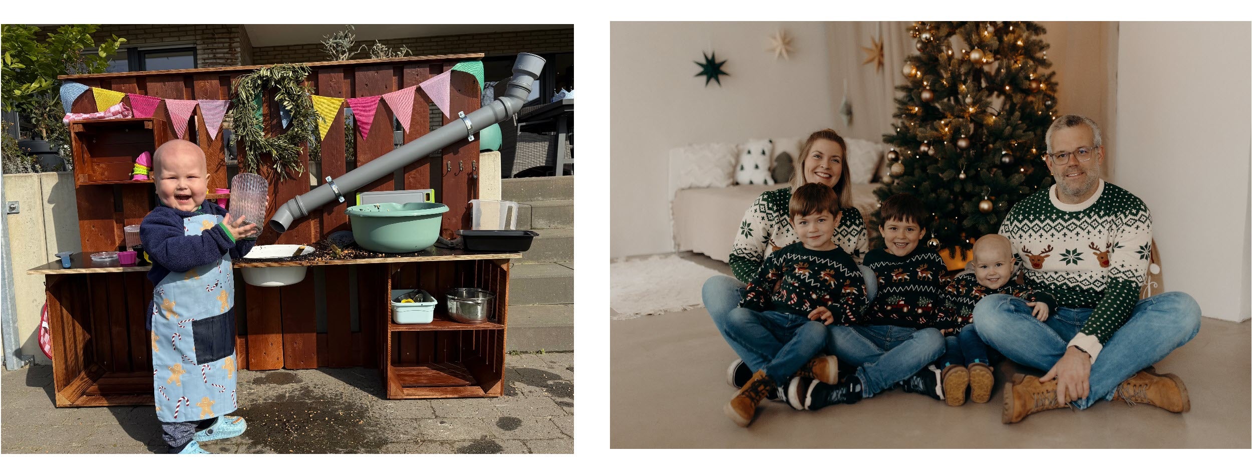 Zwei Bilder, links Patient Hannes beim spielen in seiner Außenküche und rechts Hannes mit seiner Familie vor dem Weihnachtsbaum