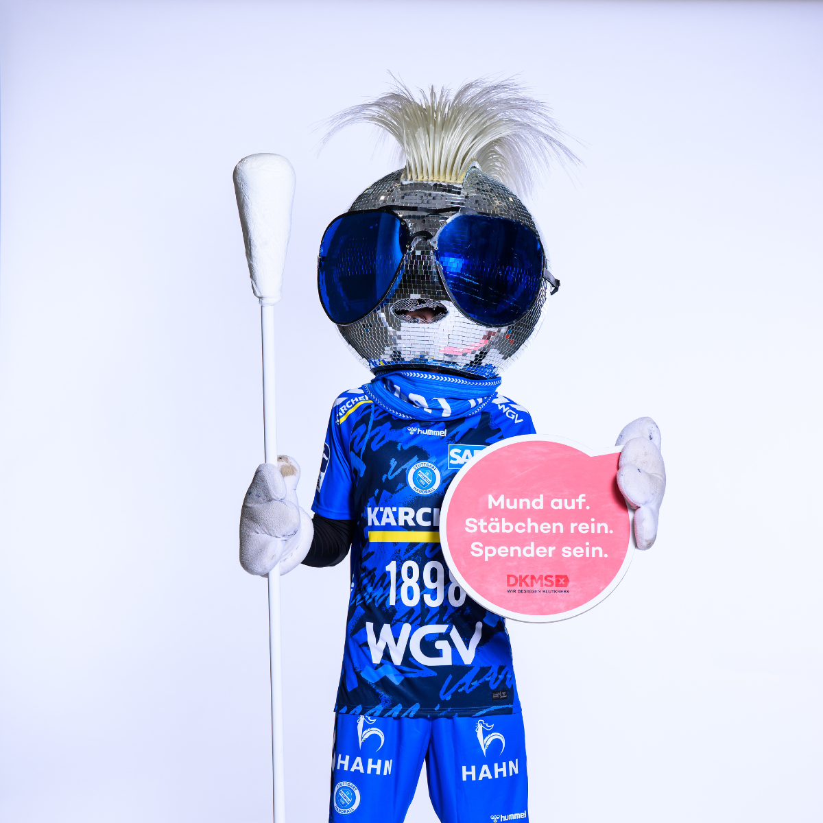 Ein Stofftier mit blau-weißer Kleidung und einem Schild