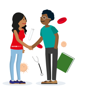 Eine gezeichnete Frau mit einem DKMS-T-Shirt und ein Mann mit Brille geben sich die Hand. Um sie herum schweben medizinische Symbole wie Blutkörperchen, ein Stethoskop, eine Spritze, Viren und ein Buch