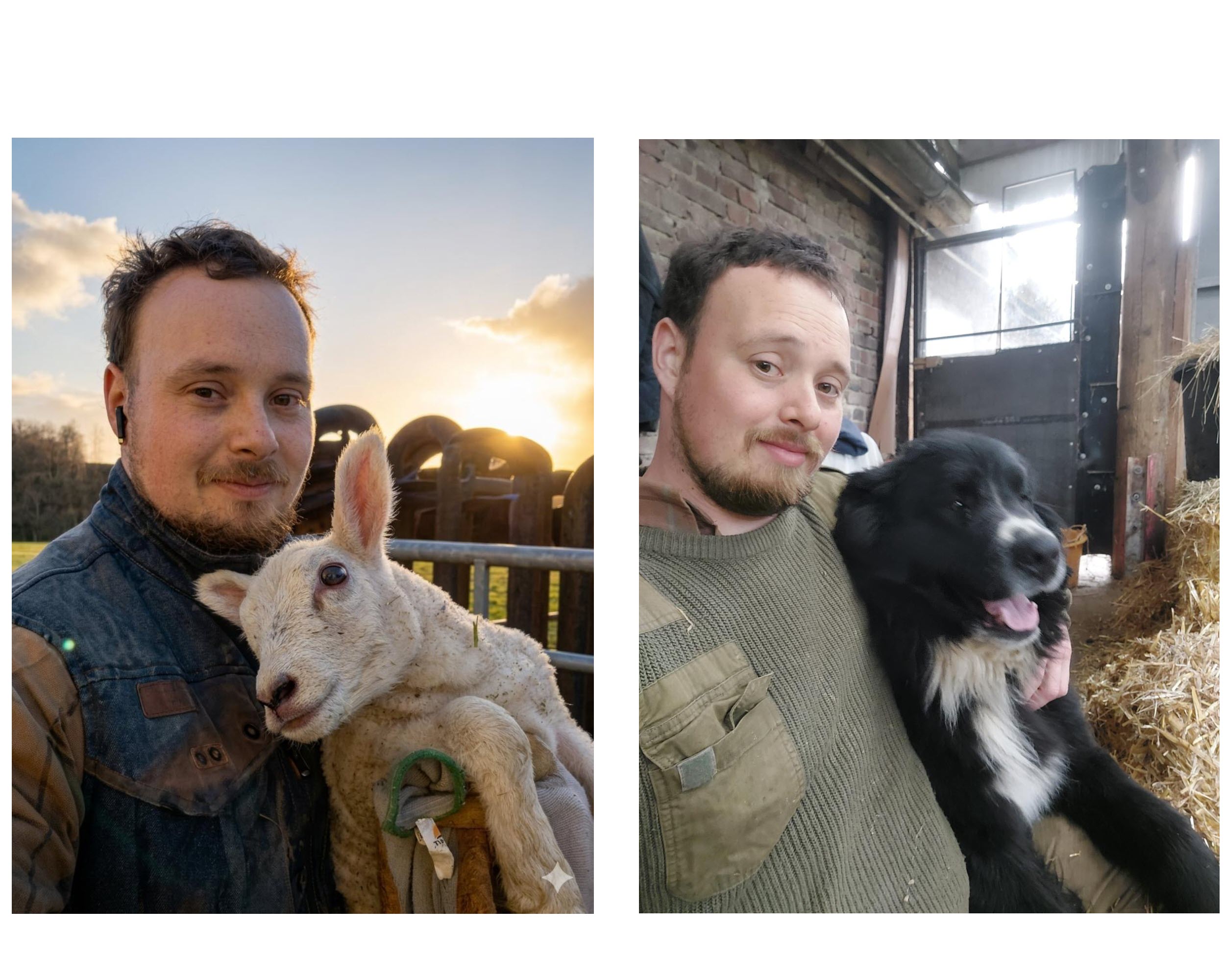 Collage von Patient Tristan, links Tristan mit einem Lämmchen auf dem Arm und recht Tristan mit einem Hund auf dem Schoss