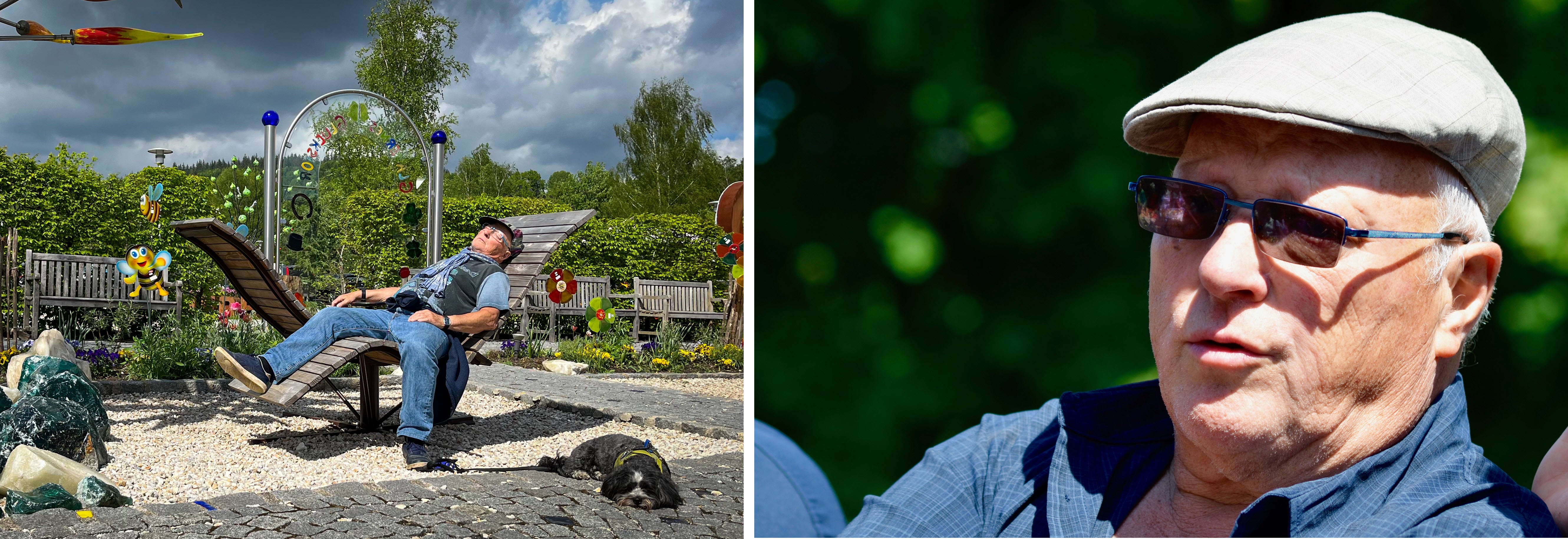 Auf dem linken Foto liegt Karl entspannt auf einer Liege in der Sonne. Neben ihm sein Hund Gilbert. Auf dem rechten Foto ist ein Portrait von ihm im Freien mit Sonnenbrille und Hut zu sehen.