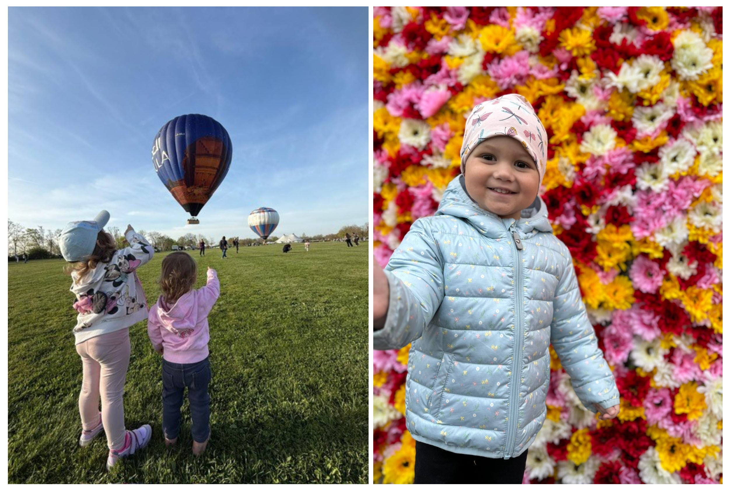 Auf dem linken Bild ist Malina zusammen mit ihrer Schwester zu sehen. Sie beobachten Heißluftballons. Auf dem rechten Bild steht Malina vor einer Blumenwand und lächelt in die Kamera. 