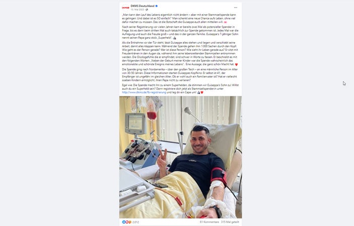 Screenshot von einem Facebook Post: Das Bild zeigt einen Mann während einer Stammzellspende