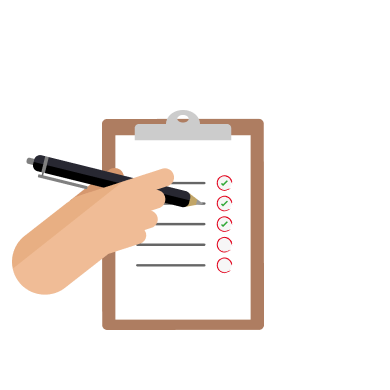 Eine Hand hält einen Stift und ein Klemmbrett