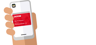 Illustration einer Hand mit Smartphone, auf dem die digitale DKMS-Spenderkarte angezeigt wird.
