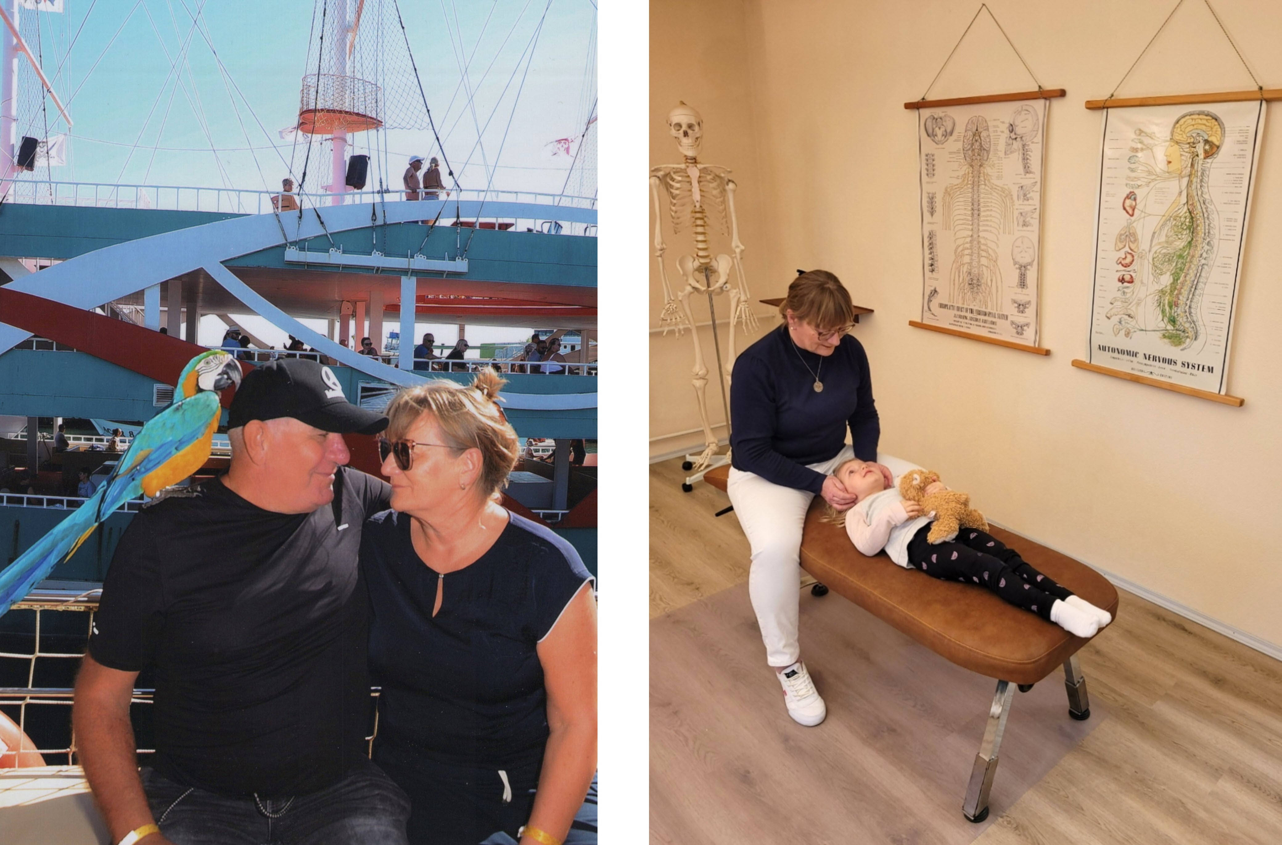 Links sehen wir Silvia mit ihrem Mann vor einem Schiff und rechts sehen wir Silvia in ihrer Praxis mit einem Kind. 