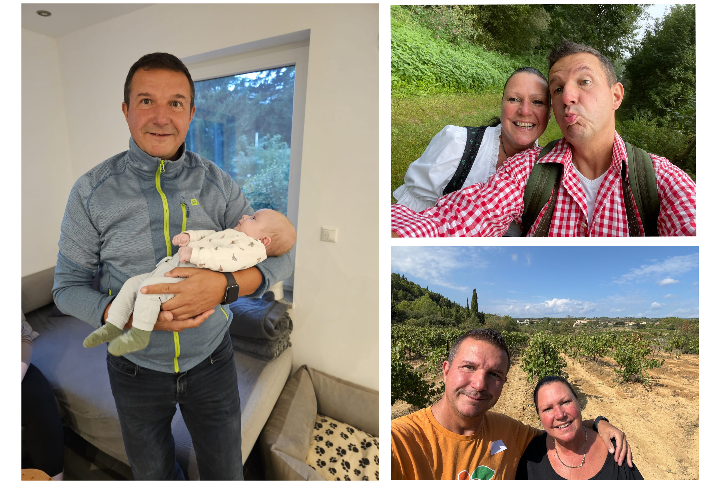 Links auf dem Bild hält Günter seinen Enkel im Arm. Rechts sieht man Günter beim Wandern mit seiner Frau. 