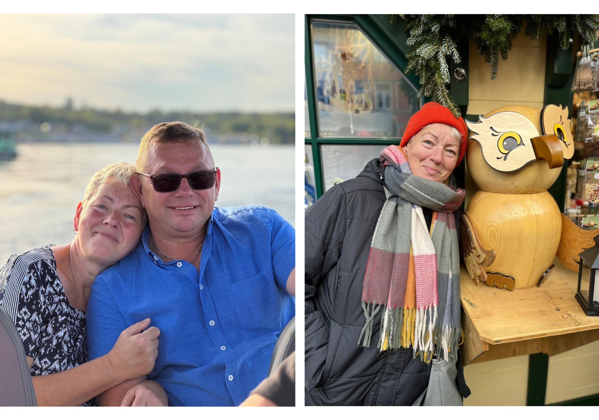 Eine Collage aus zwei Bildern: Links posieren eine Frau und ein Mann für ein Foto. Rechts steht eine Frau neben einer Eule aus Holz und lächelt.