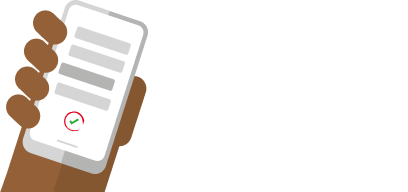 Illustration einer Hand mit Smartphone, auf dem ein Häkchen unter Textzeilen angezeigt wird.