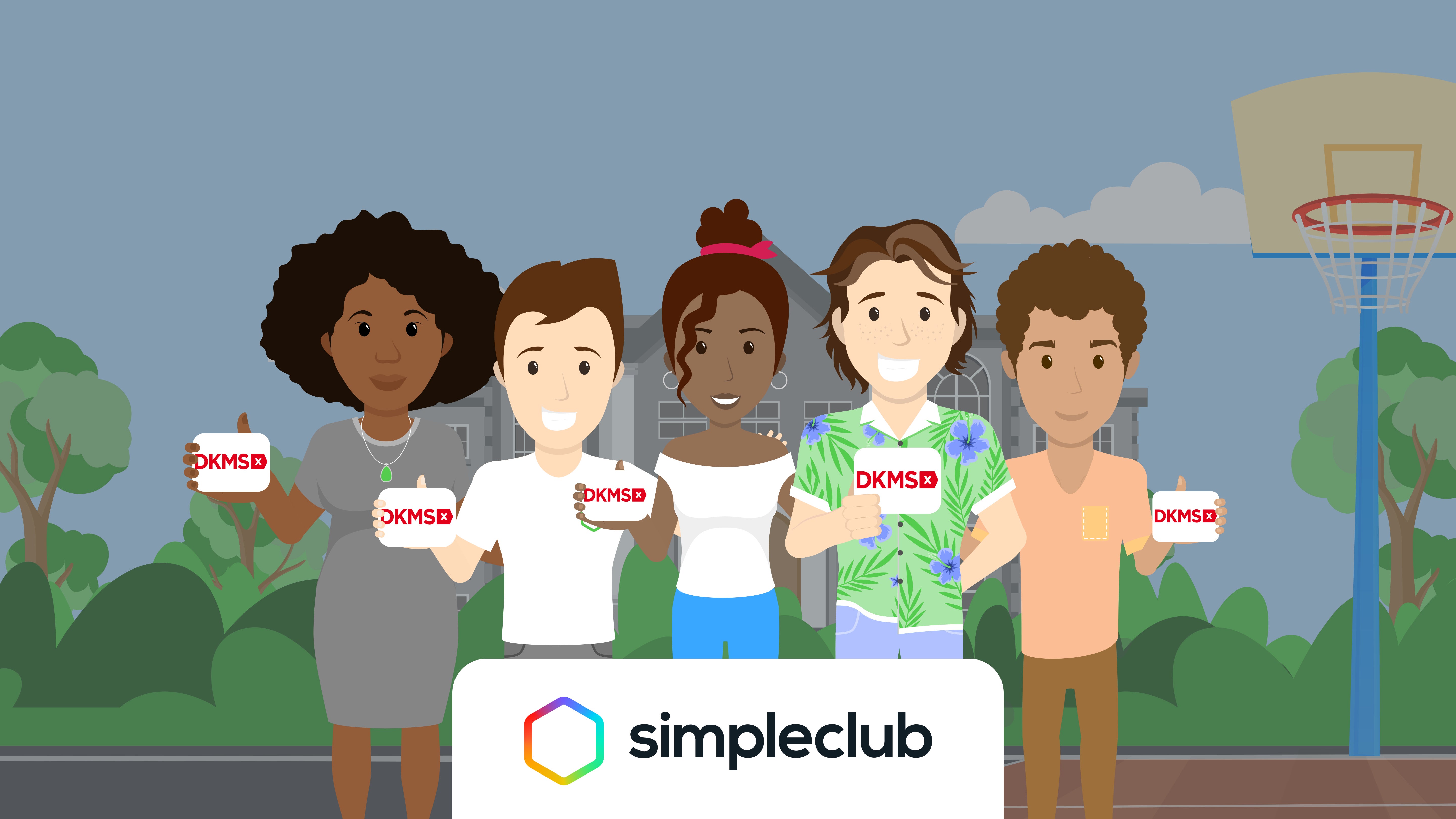 Illustration von fünf jungen Personen, die jeweils eine DKMS-Spenderkarte in den Händen halten. Im Hintergrund ist ein Basketballkorb und grüne Bäume zu sehen. Alle lächeln, die Szene wirkt freundlich und motivierend. Unten in der Mitte ist das Logo von simpleclub zu sehen.