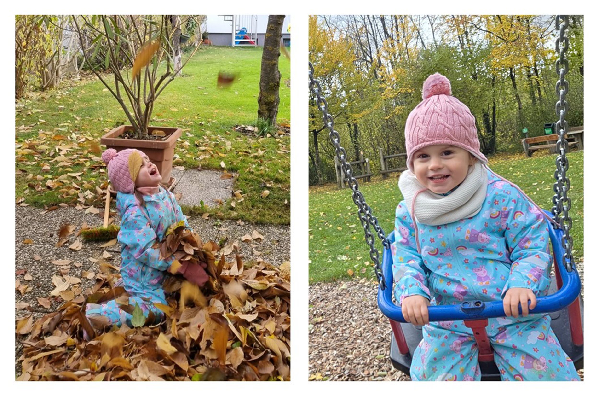 Eine Collage bestehend aus zwei Bildern. Link: Ein kleines Mädchen in blauem Schneeanzug und rosa Strickmütze sitzt in einem Laubhaufen. Rechts: Dasselbe Mädchen sitzt in einer Schaukel.