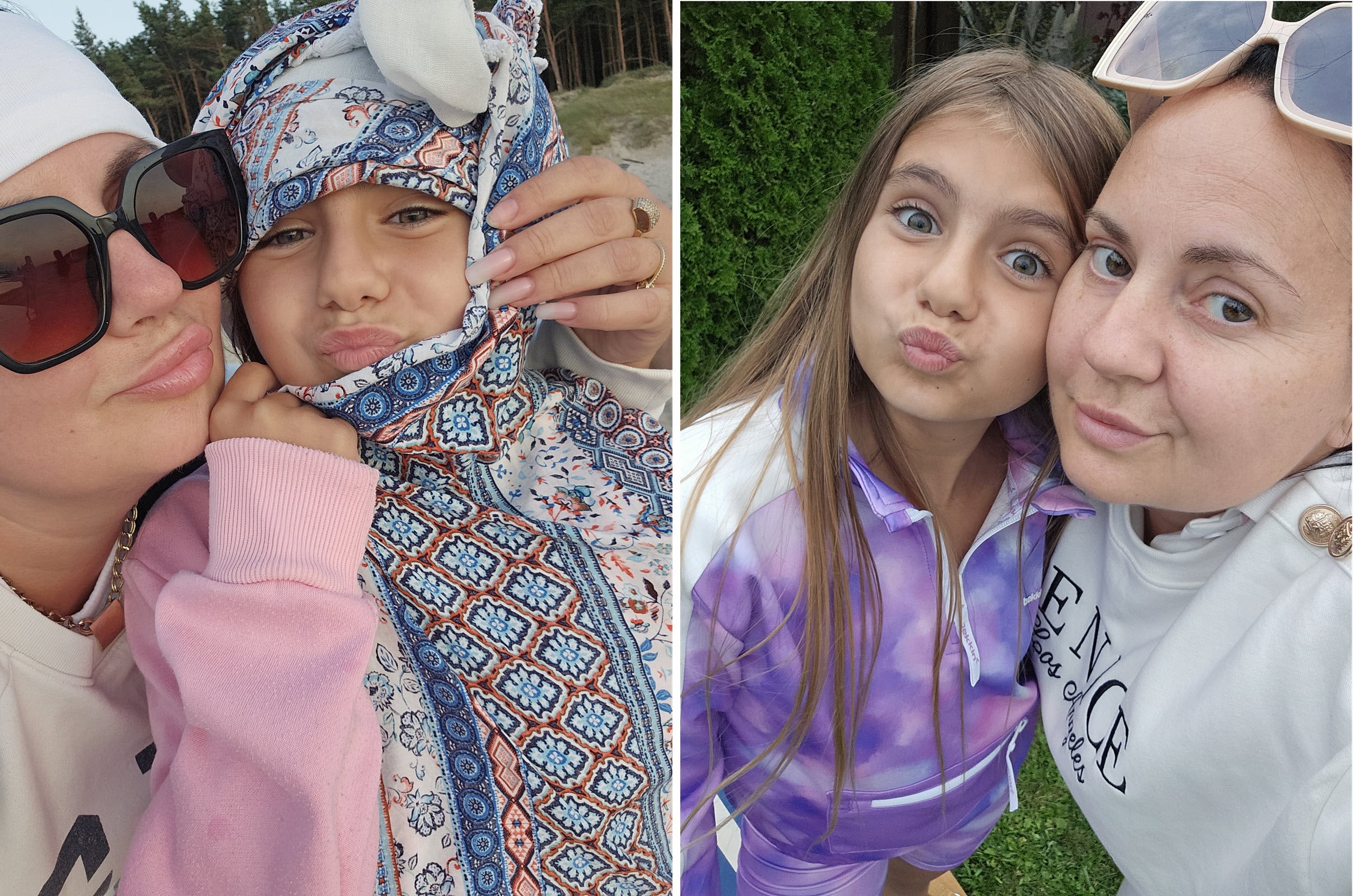 Eine Collage bestehend aus zwei Bildern. Links: Eine Frau mit Sonnenbrille und ein junges Mädchen, was in eine Decke eingewickelt ist, machen Kussmünder. Rechts: Dieselben Personen stehen zusammen.