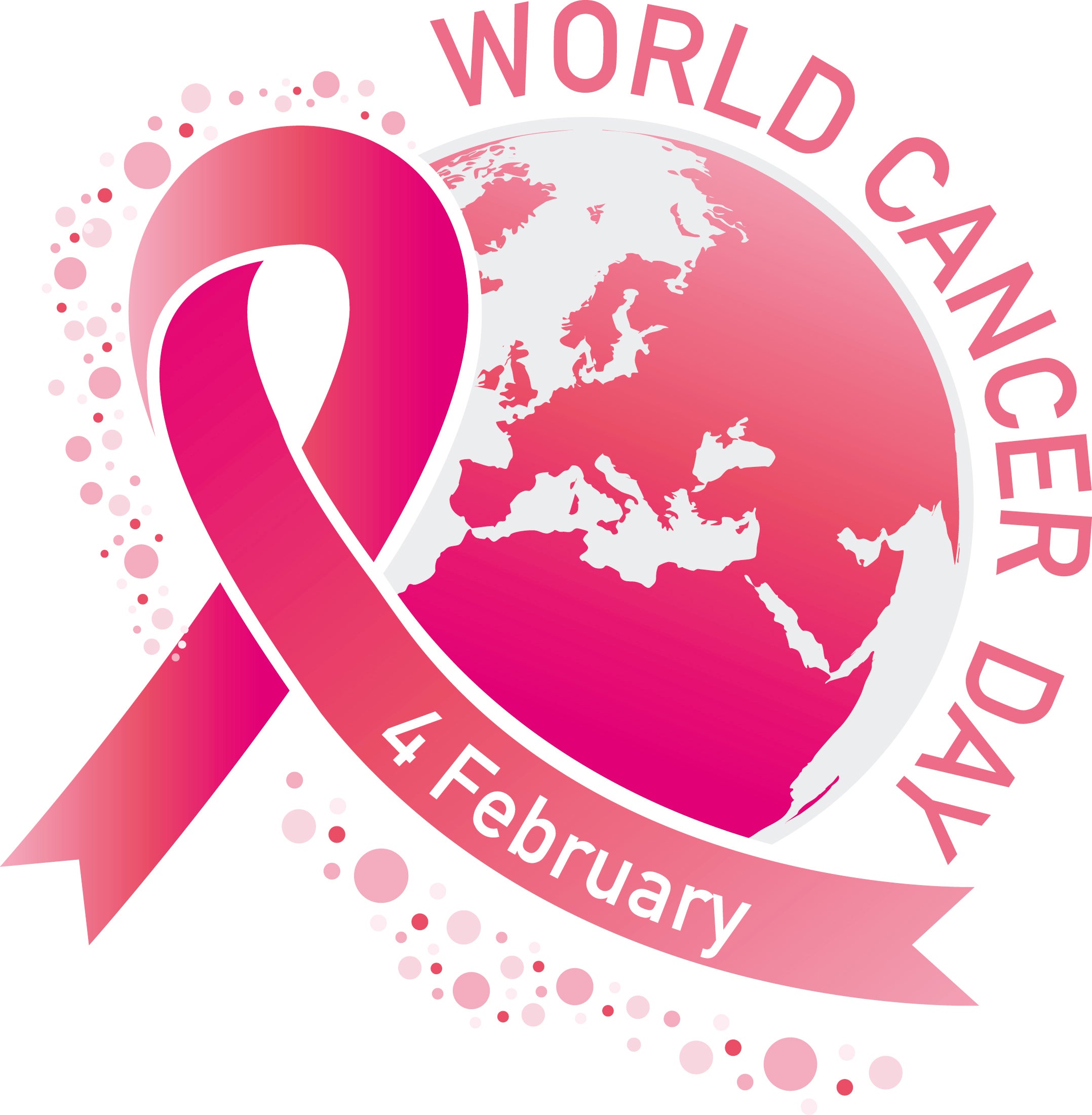 Eine rosa Weltkugel über der steht World Cancer Day. Darunter ist eine Schleife auf der steht 4 February. 
