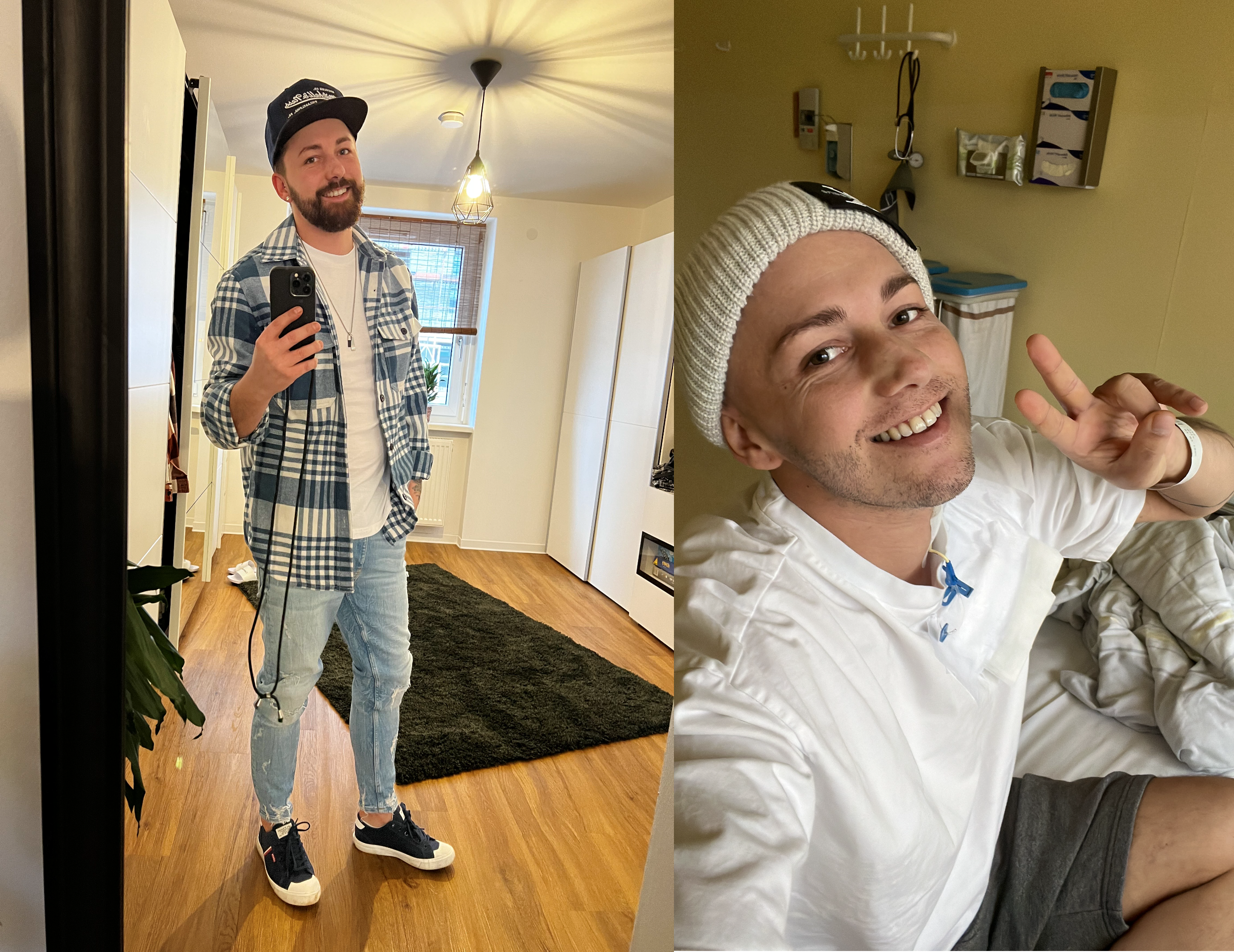 Zwei Bilder, eins zeigt Tim in einem Spiegelselfie und eins zeigt Tim sitzend im Krankenhausbett und er zeigt ein Peace zeichen mit der Hand in die Kamera.